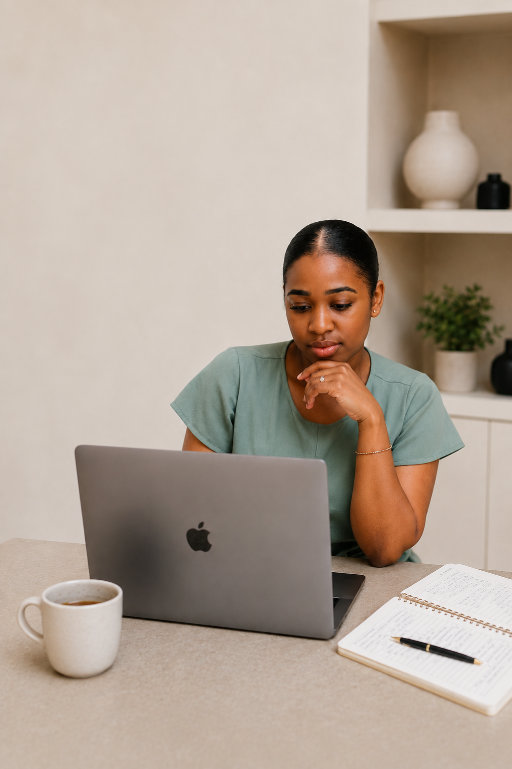 Online ondernemer werkt geconcentreerd achter haar MacBook aan de technische basis van haar business